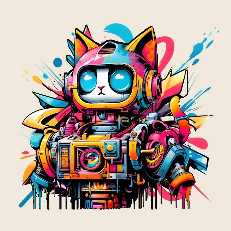 Cat designed as a robot in comic graffiti style