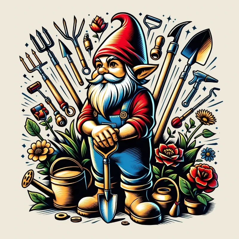 Bunter,lebendiger Gartenzwerg umgeben von Werkzeug