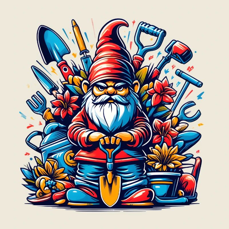 Bunter,grimmiger Gartenzwerg mit Blumen & Werkzeug