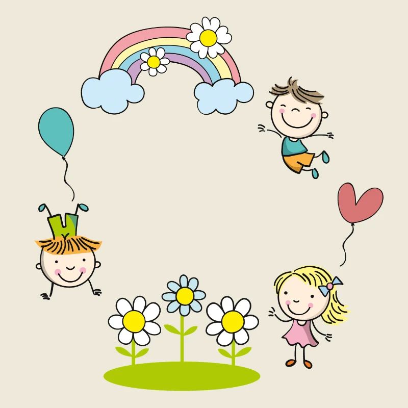 Fröhliche Kinder mit Regenbogen Blumen Luftballon 