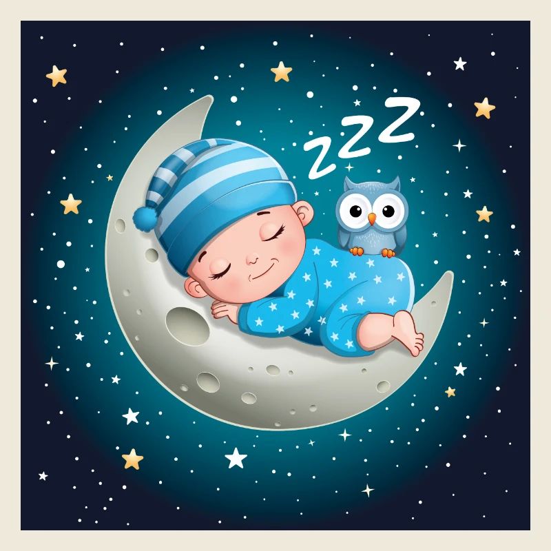 Schlafender Junge auf dem Mond mit einer Eule.