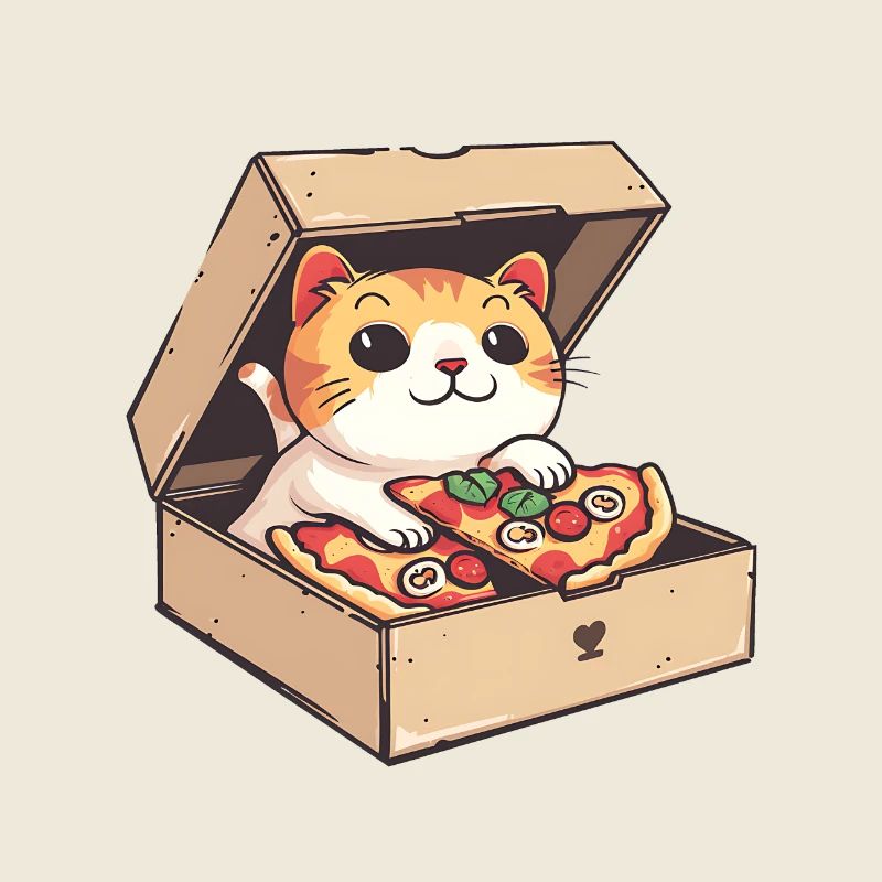 Chat à l’intérieur d’une boîte à pizza tenant une tranche de pizza