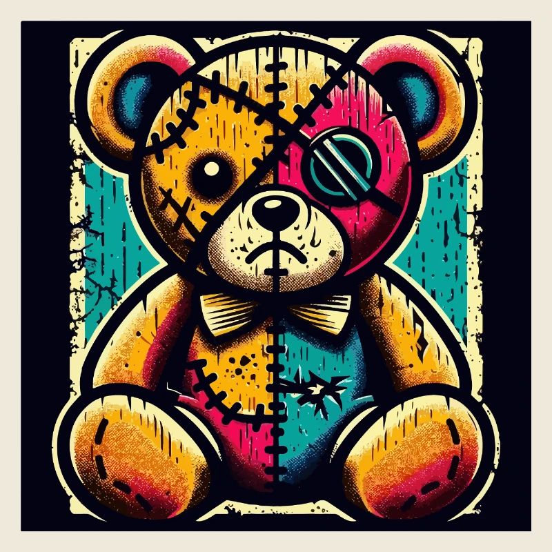 Patchwork bear art with vintage charm