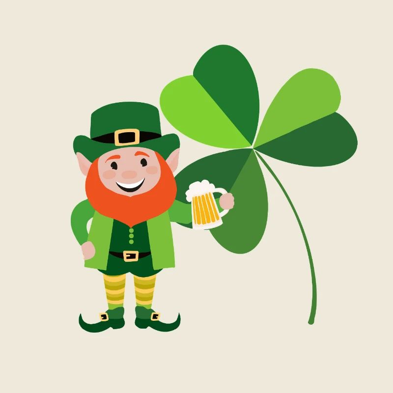 Leprechaun souriant devant un trèfle irlandais