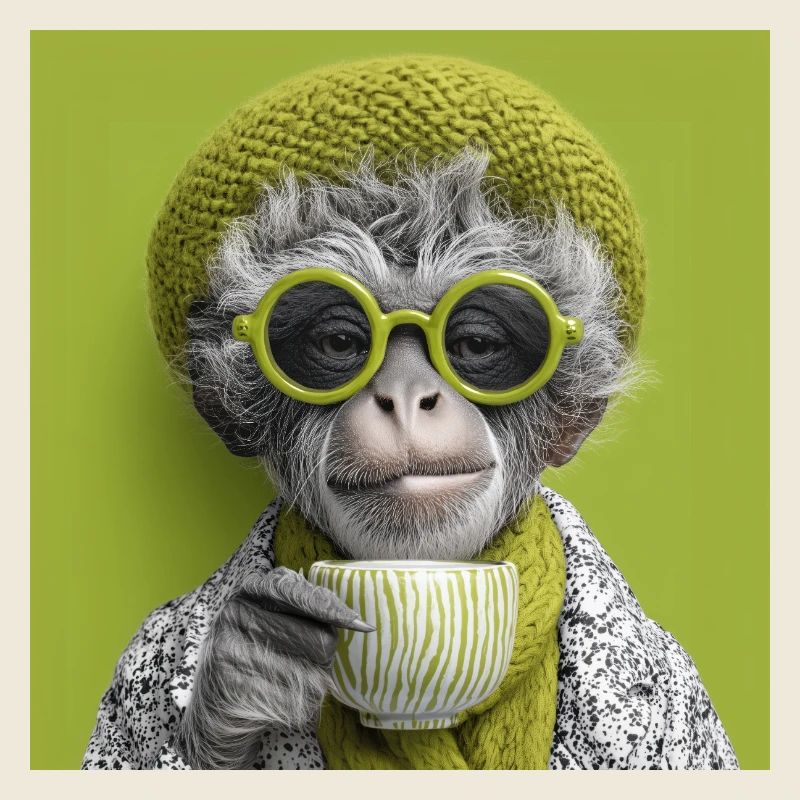 Stylish monkey with sunglasses and coffee cup