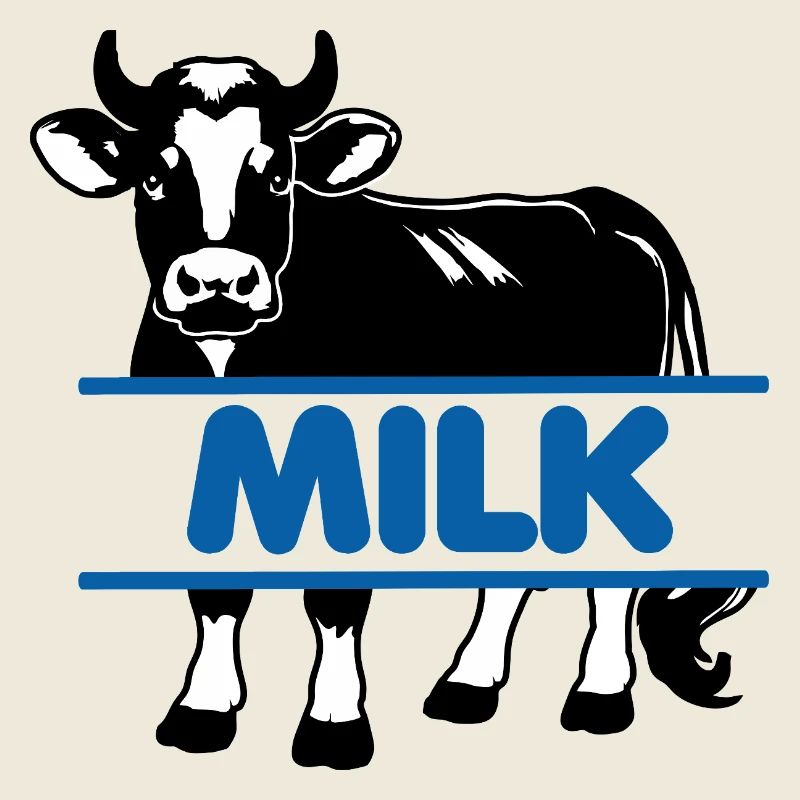 Milchkuh mit blauem Text "MILK"