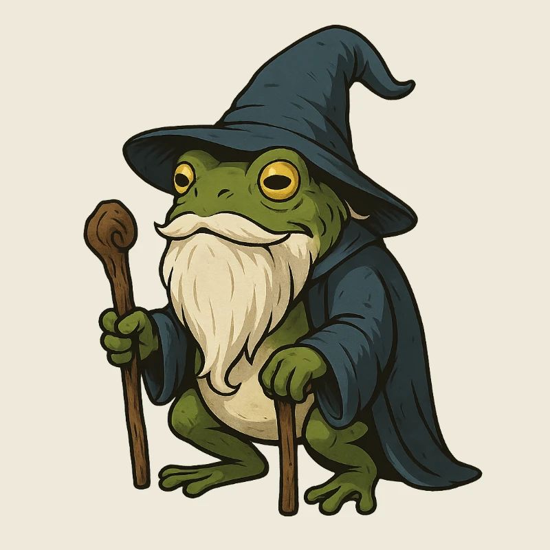 Wise bearded frog with magic hat