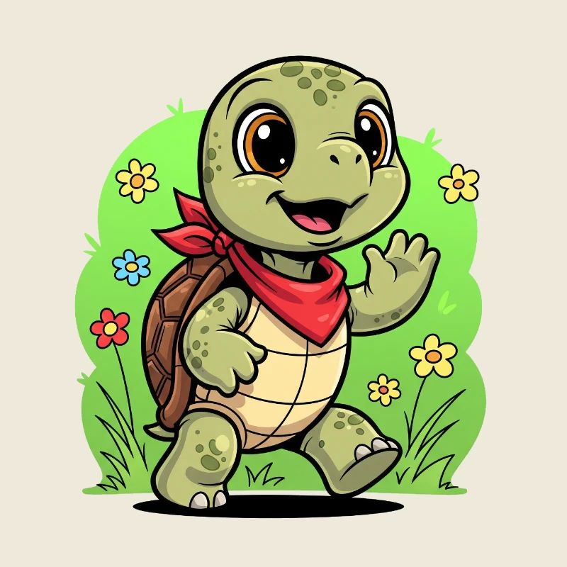 Niedlicher Schildkröte mit Rucksack und Blumen
