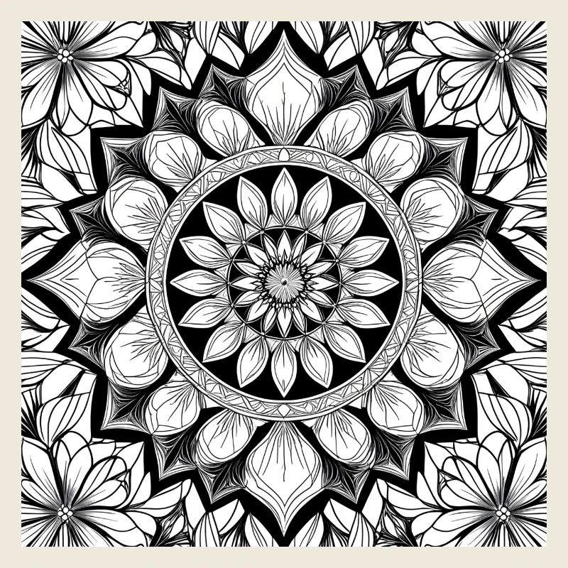 Floral Pattern Mandala Black White