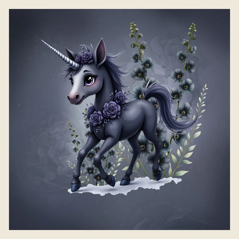 Licorne mystique avec des fleurs dans les tons bleus