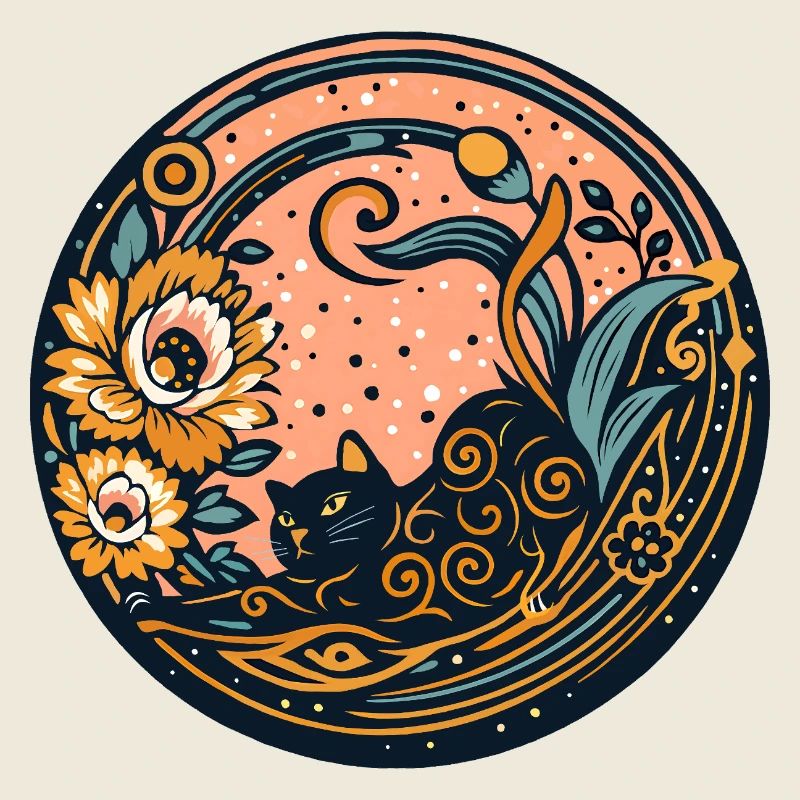 Chat noir entouré de fleurs et de lune