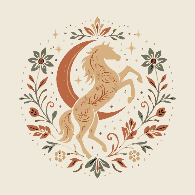 Cheval élégant avec lune et feuilles