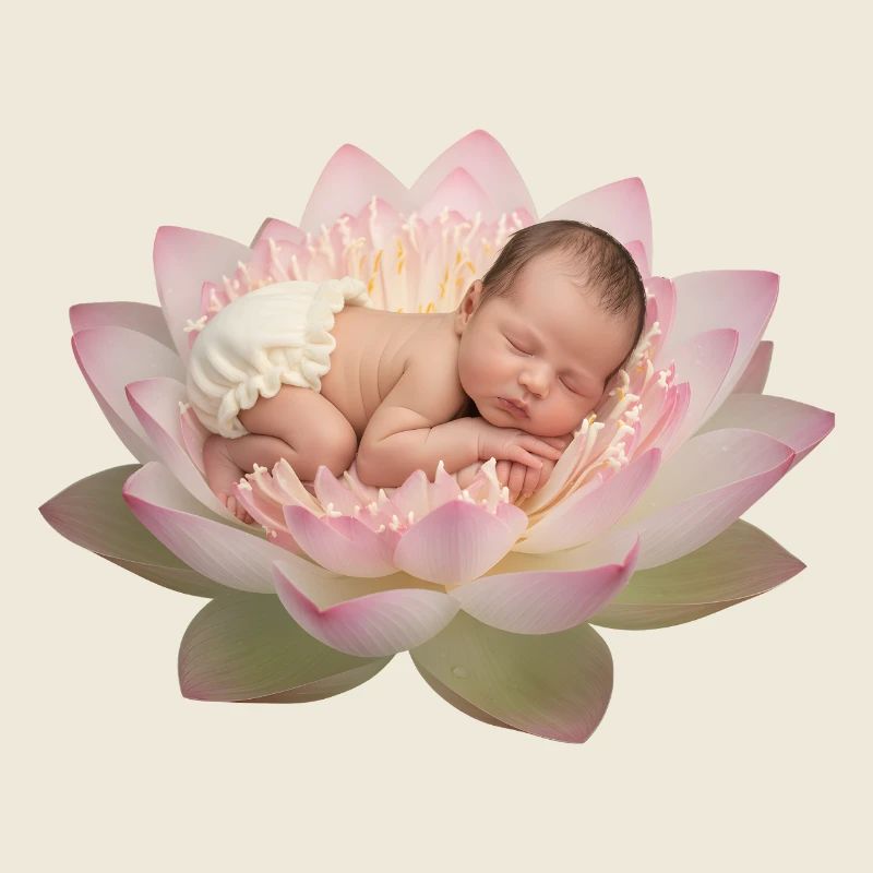 Bébé bébé avec une couche dormant sur une fleur de lotus ouverte