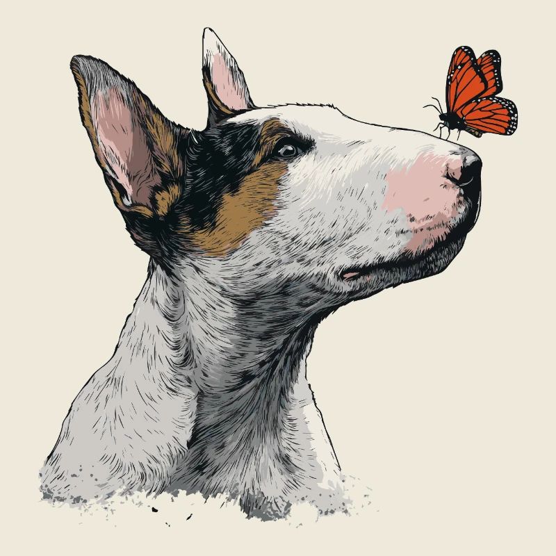 Neugieriger Bullterrier mit Schmetterling