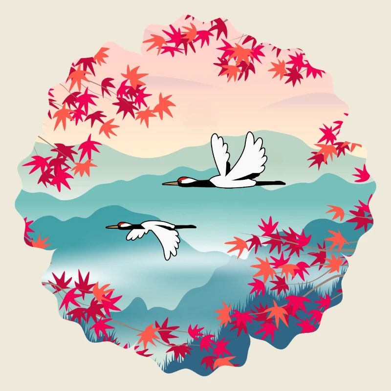Korean Autumn – Red-crowned Cranes & Maple