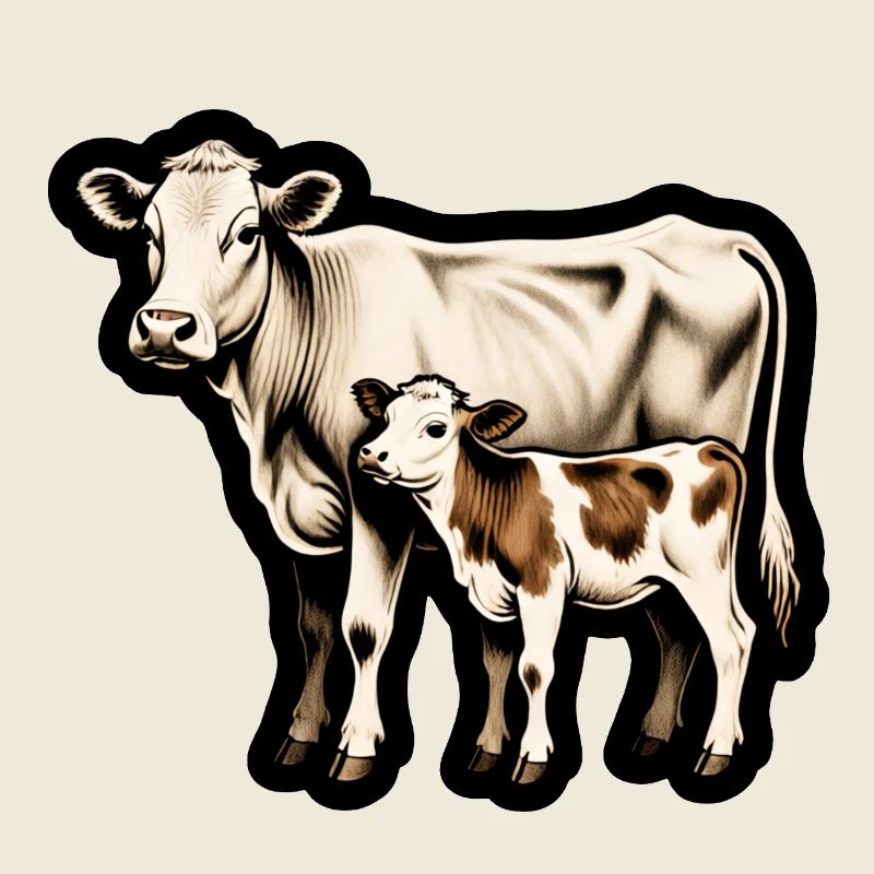 Mutterkuh mit Kalb – Retro Tierillustration