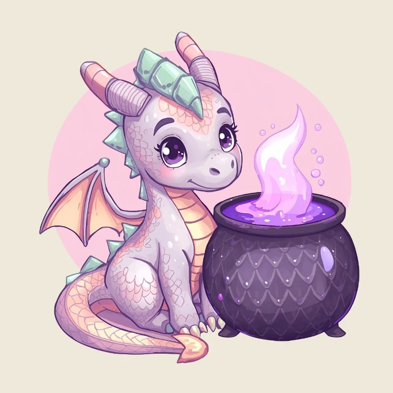 Cute Dragon with Magic Cauldron – Fantasy Art