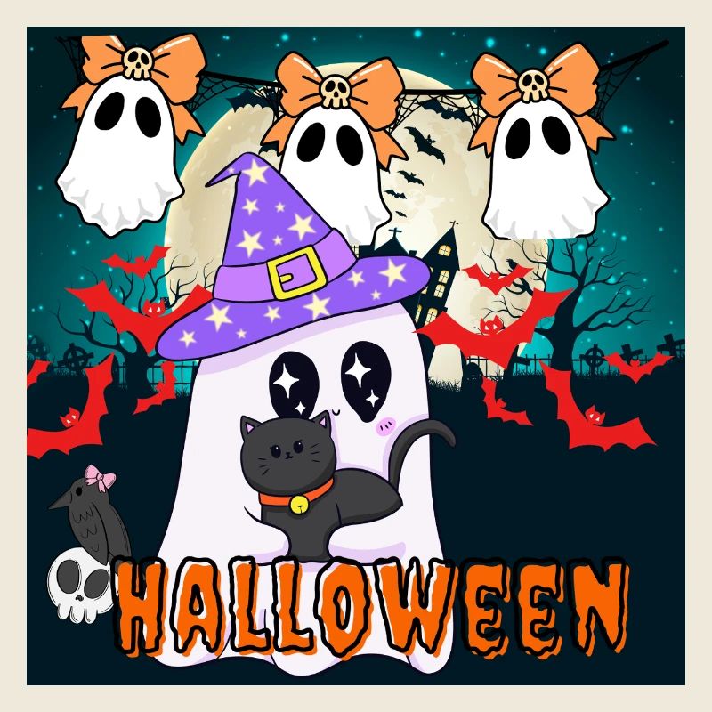 Fantôme sorcier mignon et chat noir Halloween
