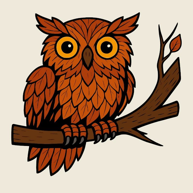 Comic Eule Herbst Wald Laub Blätter Ast Baum Feder