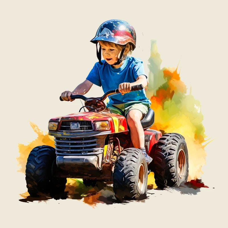 Junge auf Spielzeugtraktor mit Farbspritzer