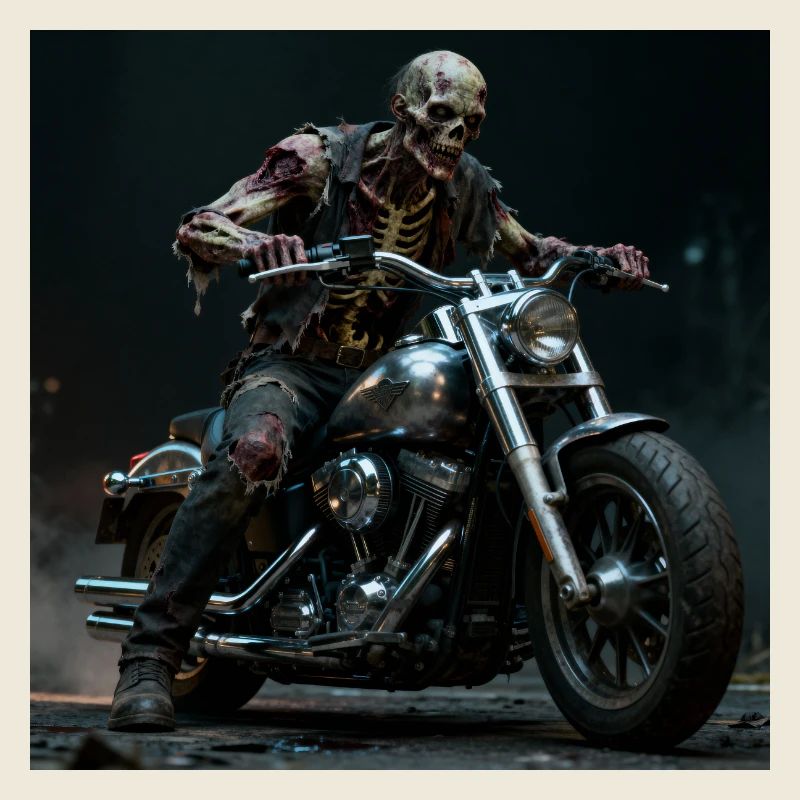Zombie biker on motorcycle in pit light