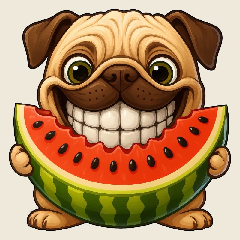 Fröhlicher Mops mit Melone Sommer Hunde Spaß