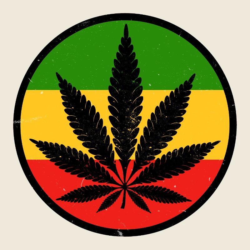 A cannabis leaf within a red yellow green circle
