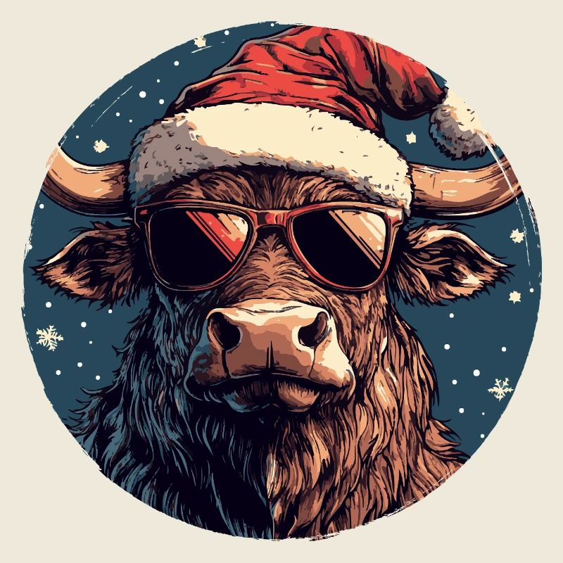 Rind Bulle mit Santa-Hut und Sonnenbrille