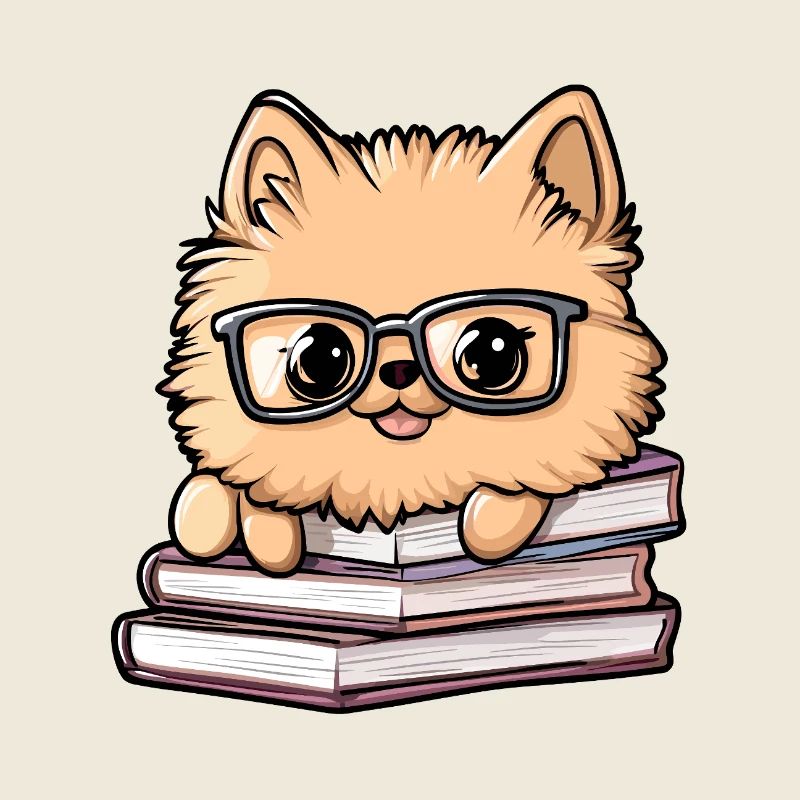 Cute Pomeranian Dog Reading Book with Glasses