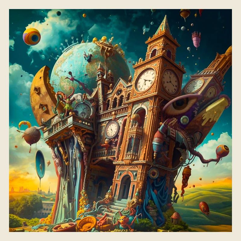 Surreal clock tower and globe