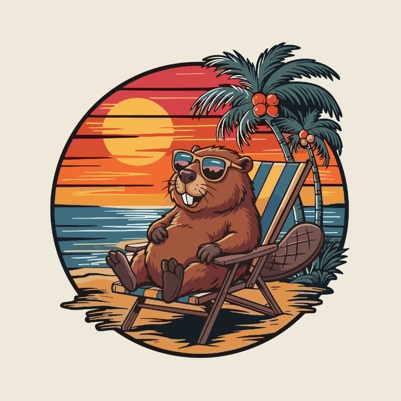 Funny Beaver on Beach Summer Vacation Sunset