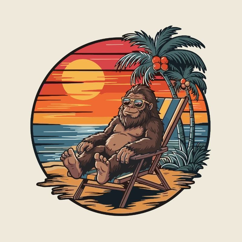 Funny Bigfoot on Beach Summer Vacation Sunset