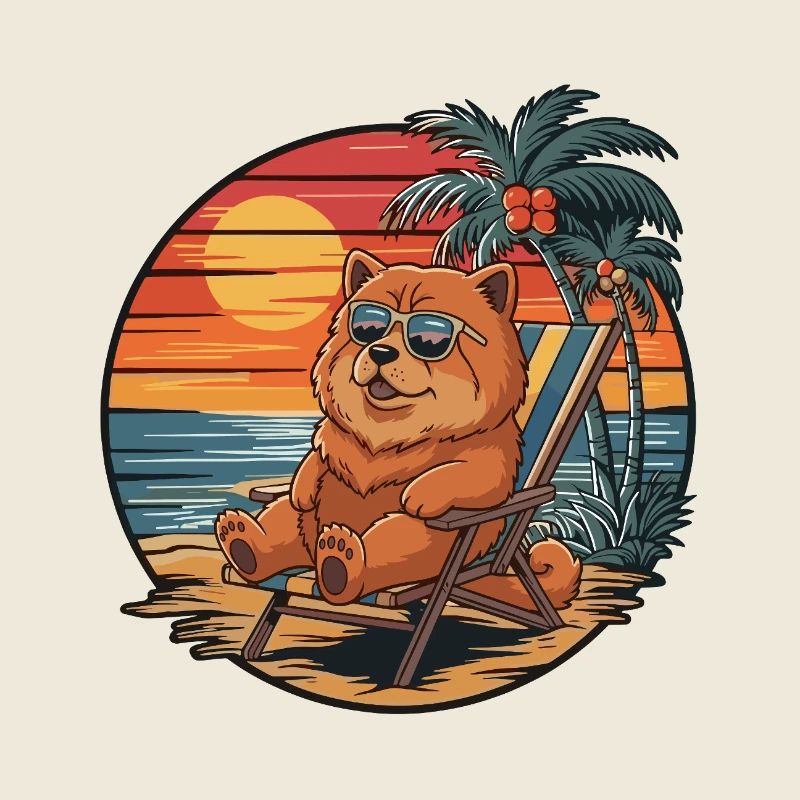 Drôle de chien Chow Chow sur la plage au coucher de soleil d’été
