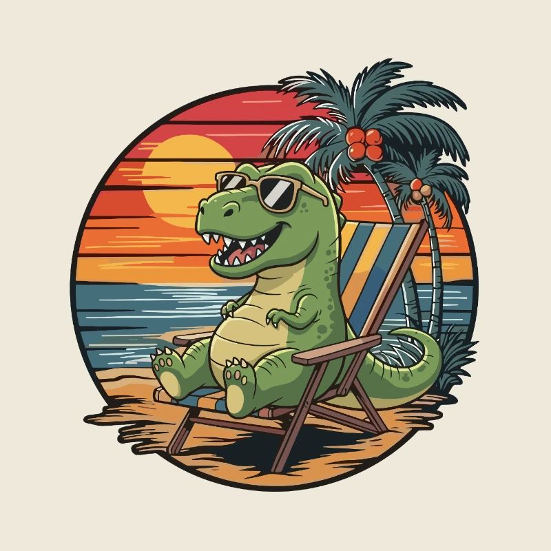 Dinosaure drôle sur la plage Coucher de soleil des vacances d’été