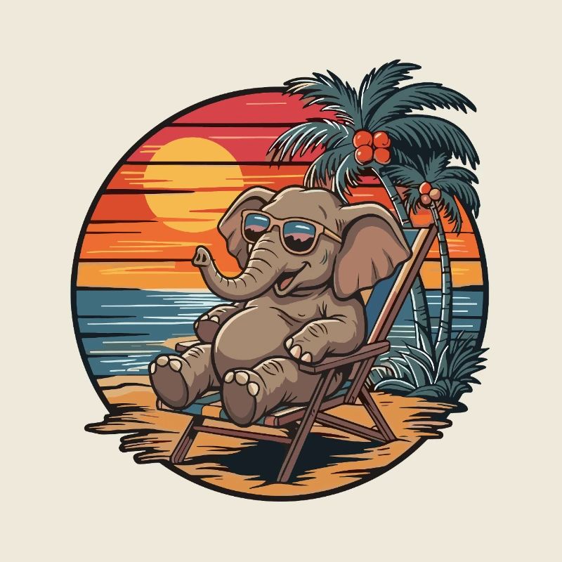 Funny Elephant on Beach Summer Vacation Sunset