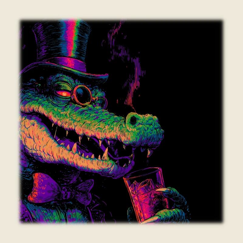 Crocodile néon avec haut-de-forme et boisson
