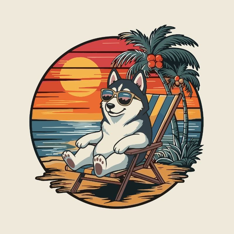 Drôle de chien husky sur la plage, coucher de soleil pendant les vacances d’été
