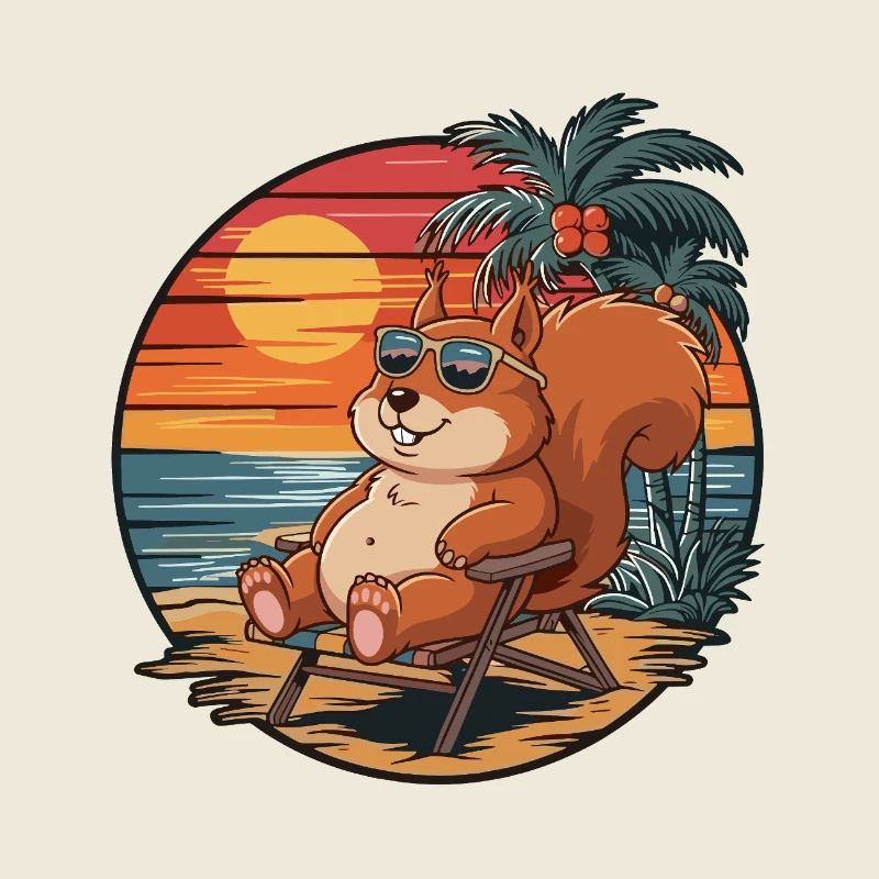 Funny Squirrel on Beach Summer Vacation Sunset