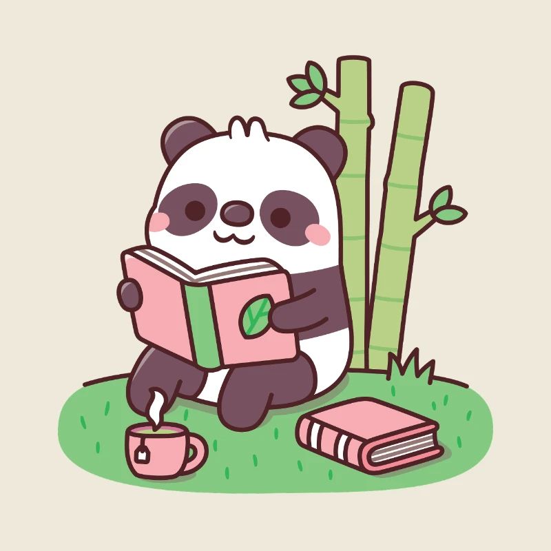 Cute Panda Reading A Book Near Bamboo Plants