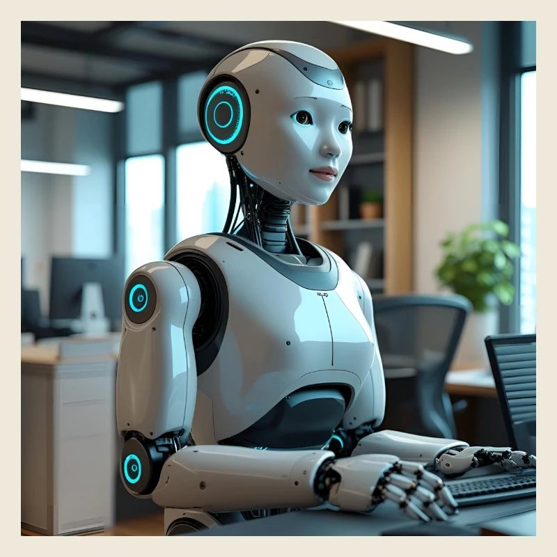 Robot humanoïde dans un bureau bleu