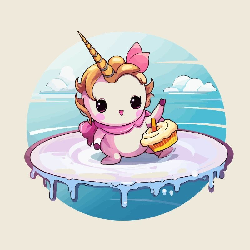 Einhorn am Surfbrett mit Cupcake