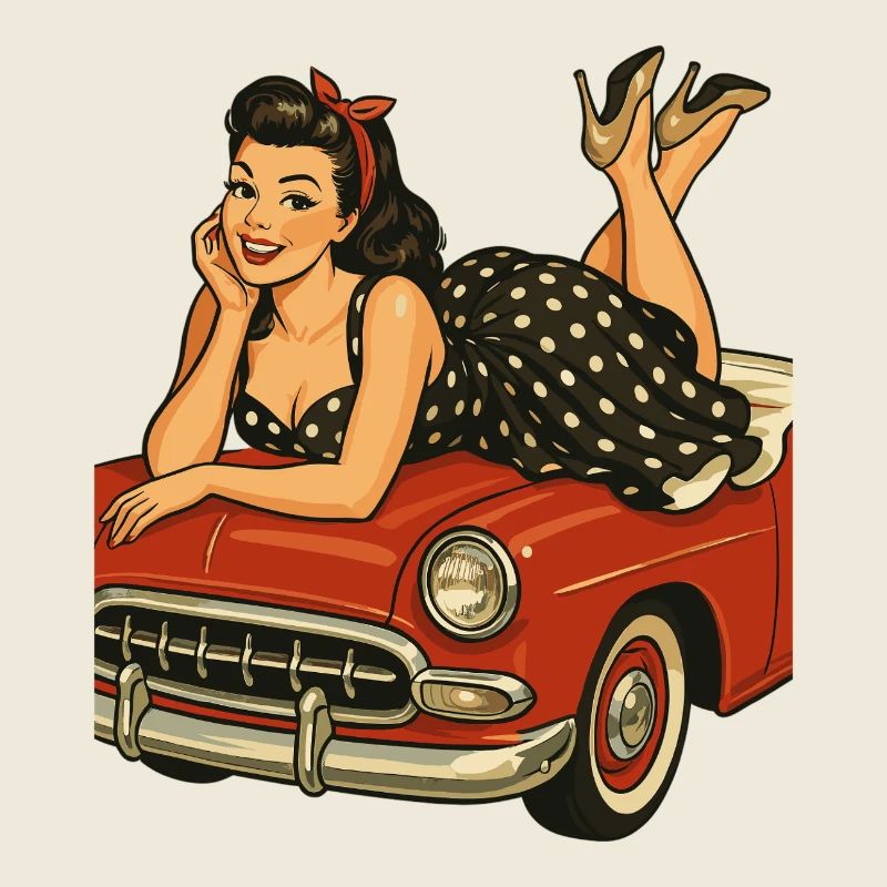 Rockabilly Pin-Up auf Oldtimer im Retro-Stil