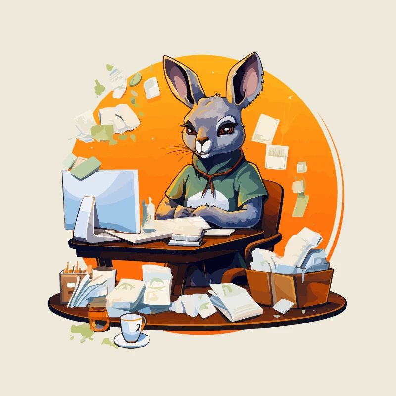 Lapin de bureau dans le chaos du papier