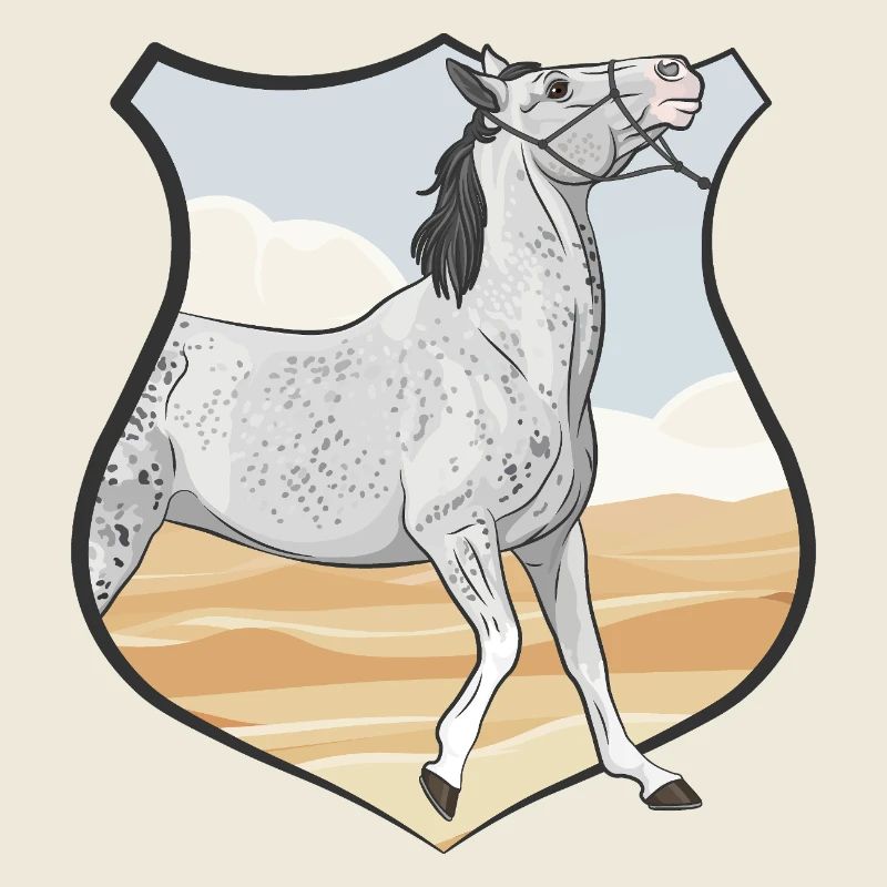 Ein graues Pferd, ein Wappen und eine Wüste