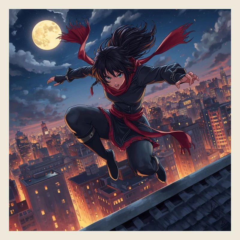 Moonlit night jump over rooftops