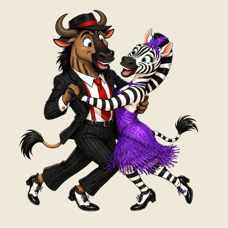 Gnu und Zebra im eleganten Swing Tanz