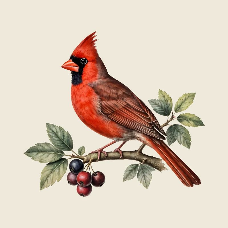 Cardinal rouge sur branche et baies