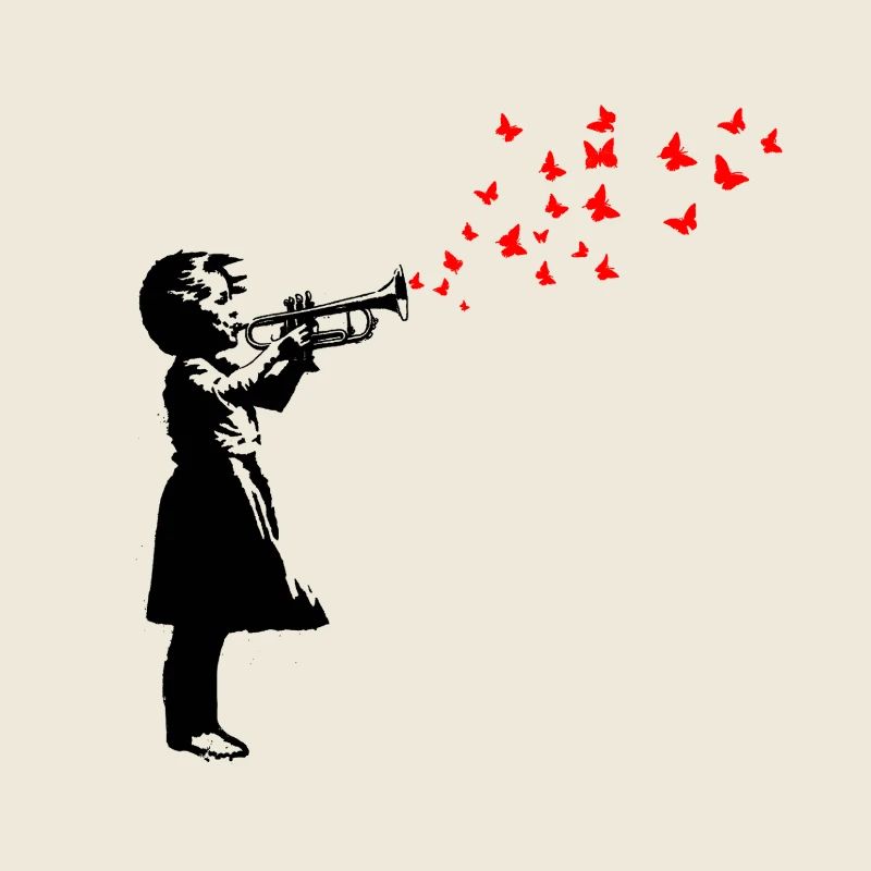 Mädchen und Schmetterlinge mit Trompete, Banksy-Stil.