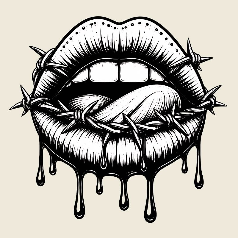 Barbed wire lips in black and white