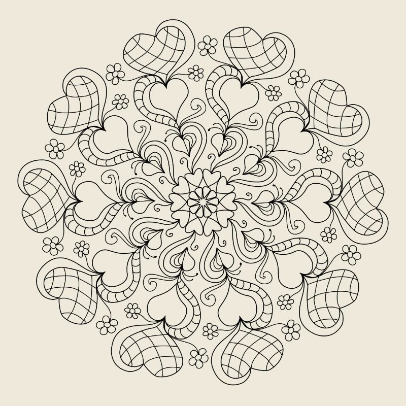 Mandala fait de cœurs noirs et blancs